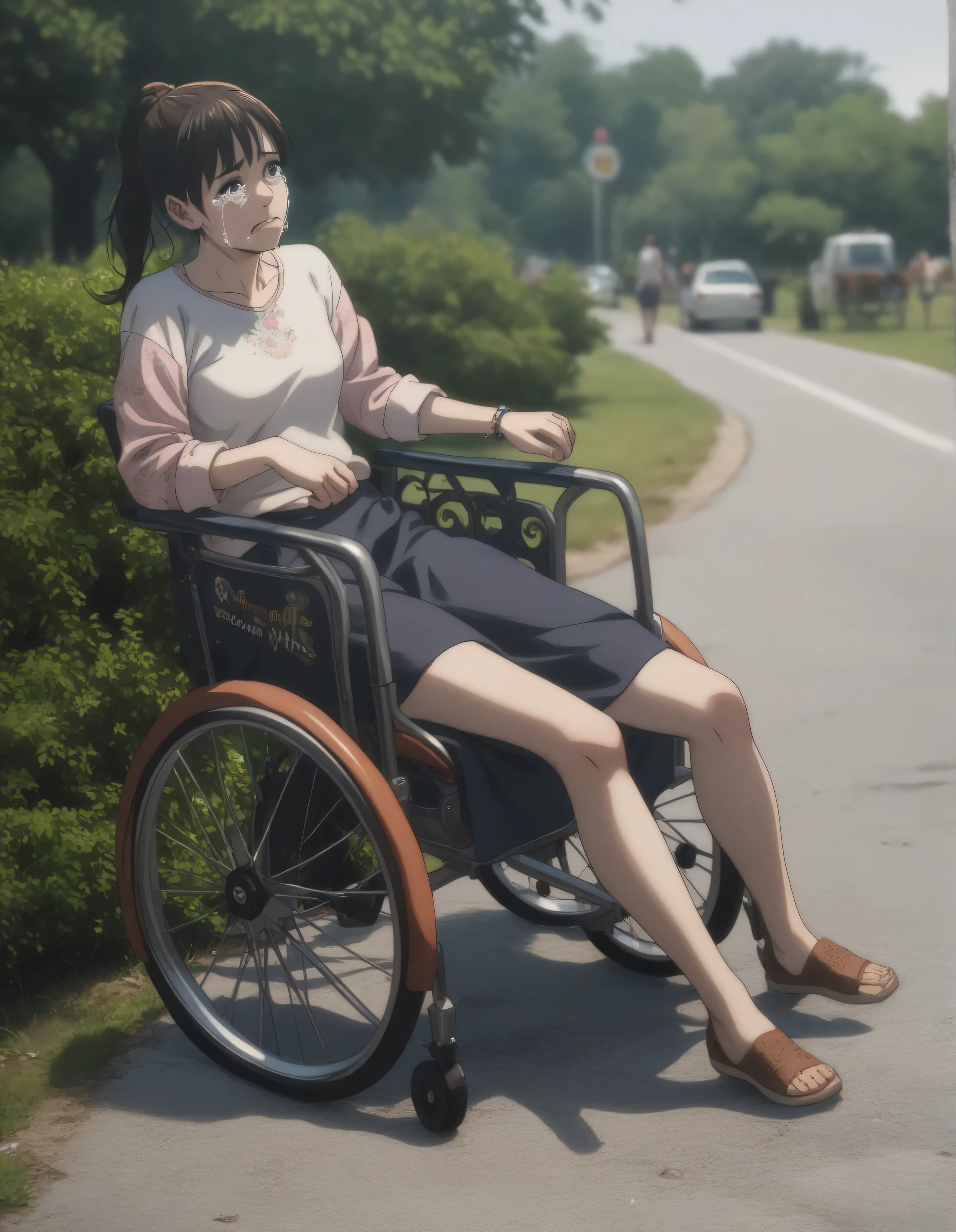 
best quality, masterpiece, highly detailed, 8k, masterpiece, ((gsfghtr)), 1girl, crying, sitting in a wheelchair, casual clothes