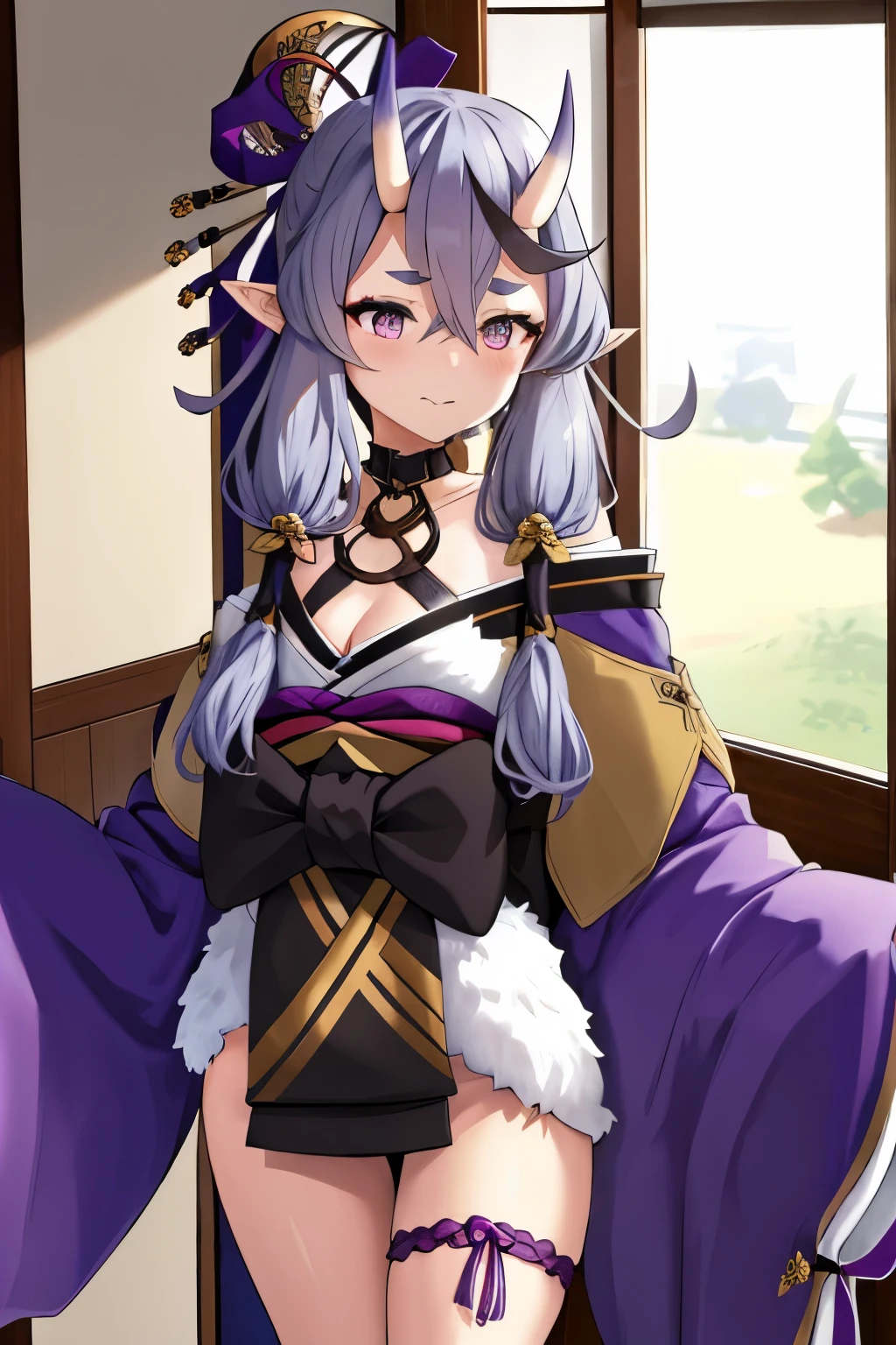 aamikoto, low twintails, crescent hair ornament, bow, purple ribbon, short eyebrows, off shoulder, purple kimono, short kimono, cleavage, sleeves past wrists, obi, sash, thigh strap, standing, arms at sides, straight-on, Big Breasts, Japanese-style room, blush, shy, Detailed Fingers, sigh, detailed eyes on board, cowboy shot, 16k