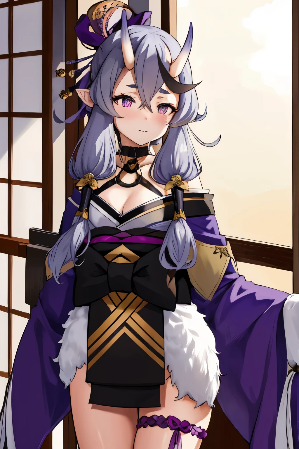 aamikoto, low twintails, crescent hair ornament, bow, purple ribbon, short eyebrows, off shoulder, purple kimono, short kimono, cleavage, sleeves past wrists, obi, sash, thigh strap, standing, arms at sides, straight-on, Big Breasts, Japanese-style room, blush, shy, Detailed Fingers, sigh, detailed eyes on board, cowboy shot, 16k