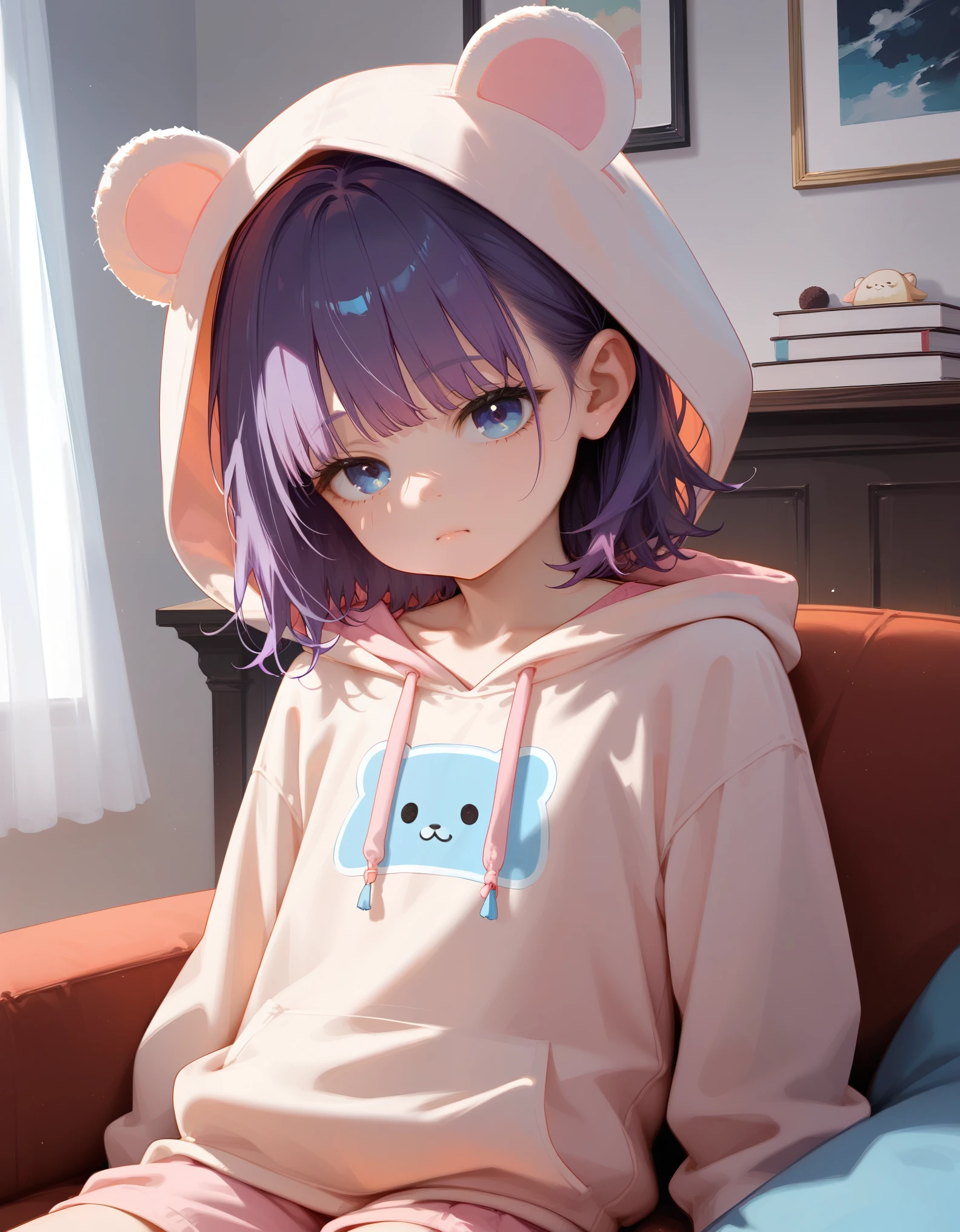 score_9,score_8_up,score_7_up,score_6_up,source_anime,
BREAK
A young girl,skinny and frail,(petite,cute:0.5),
looking at viewer,
purple hair,medium hair,messy hair,
hoodie,
hood up,animal ear hood,fake animal ears,
indoors,sleepy,