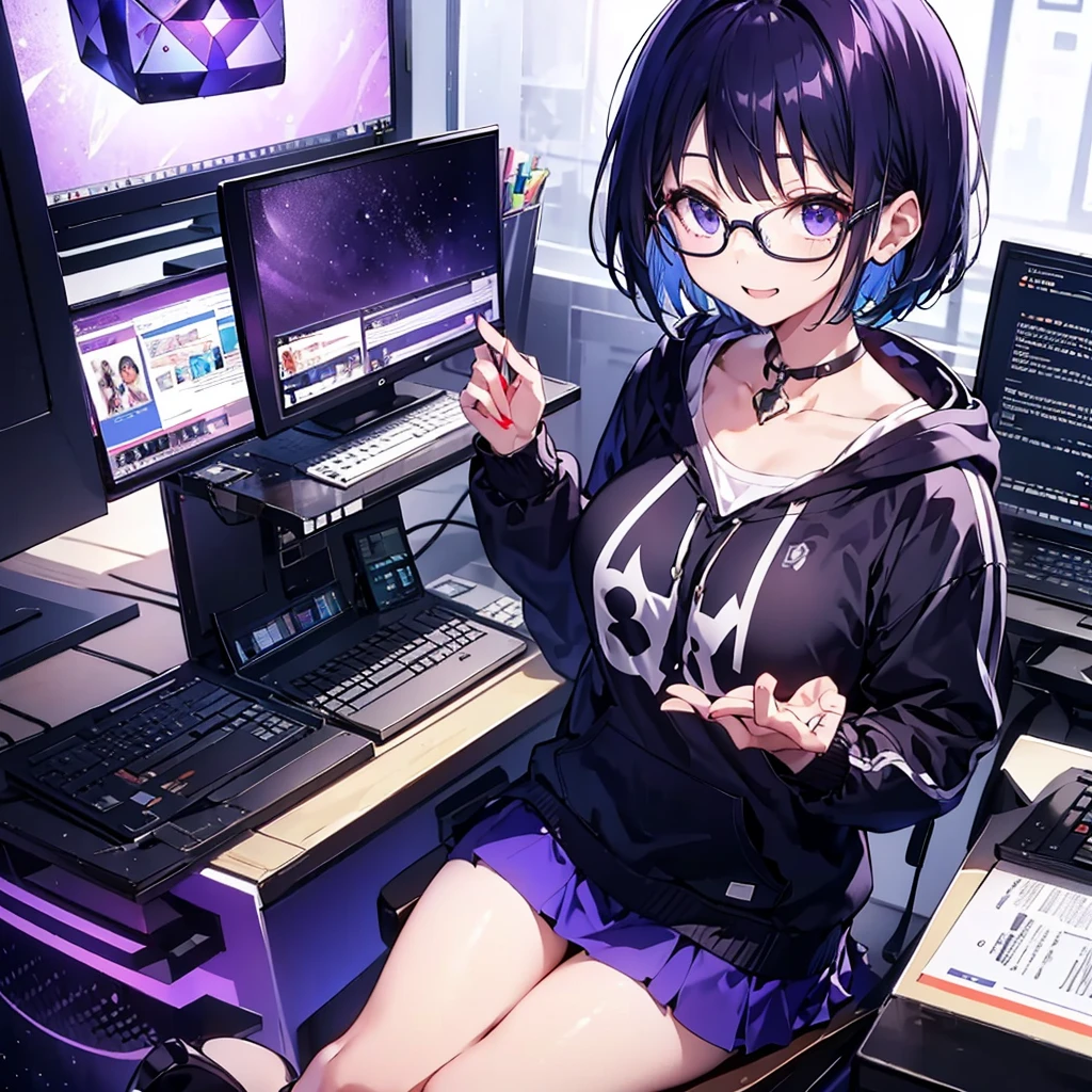 solo1.5、 High Quality、Bird's-eye view from above composition 1 .7、Purple-black bob cut 、 sitting on the purple cube in front of the monitor 、 black hoodie and purple mini skirt 1 .6、 1 with a silver light cube floating in the right hand.7、voluptuous0.6、Angel Girl Sandalphone 1 .8、Confident smile without opening her mouth1 .1、black rimmed glasses 1.4、