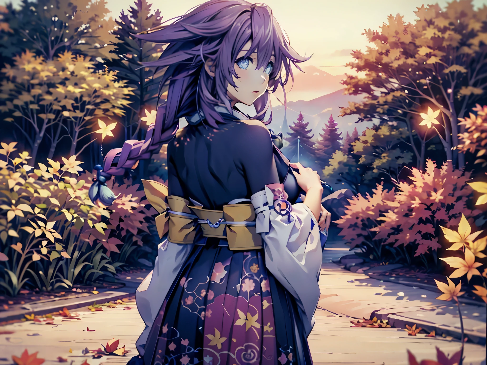 (masterpiece), (best quality), HDR, intricate detail, (lulu_ff10, jewelry, mole, purple lipstick, hair bun, fur trim), (edgJF_clothing, wearing edgJF_kimono, autumn setting, autumn trees and leaves), posing, from behind, looking at viewer, inside shady motel, sunset, evening, bokeh, depth of field, UHD, 8k wallpaper 