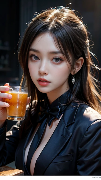 Look up,filmg,8K,OriginalPhoto,While drinking lemon juice,Lemon slices for garnish,Empty table,Burgundy leather coat,Exposed shoulder,silverlong hair,Lemon slices in a water glass