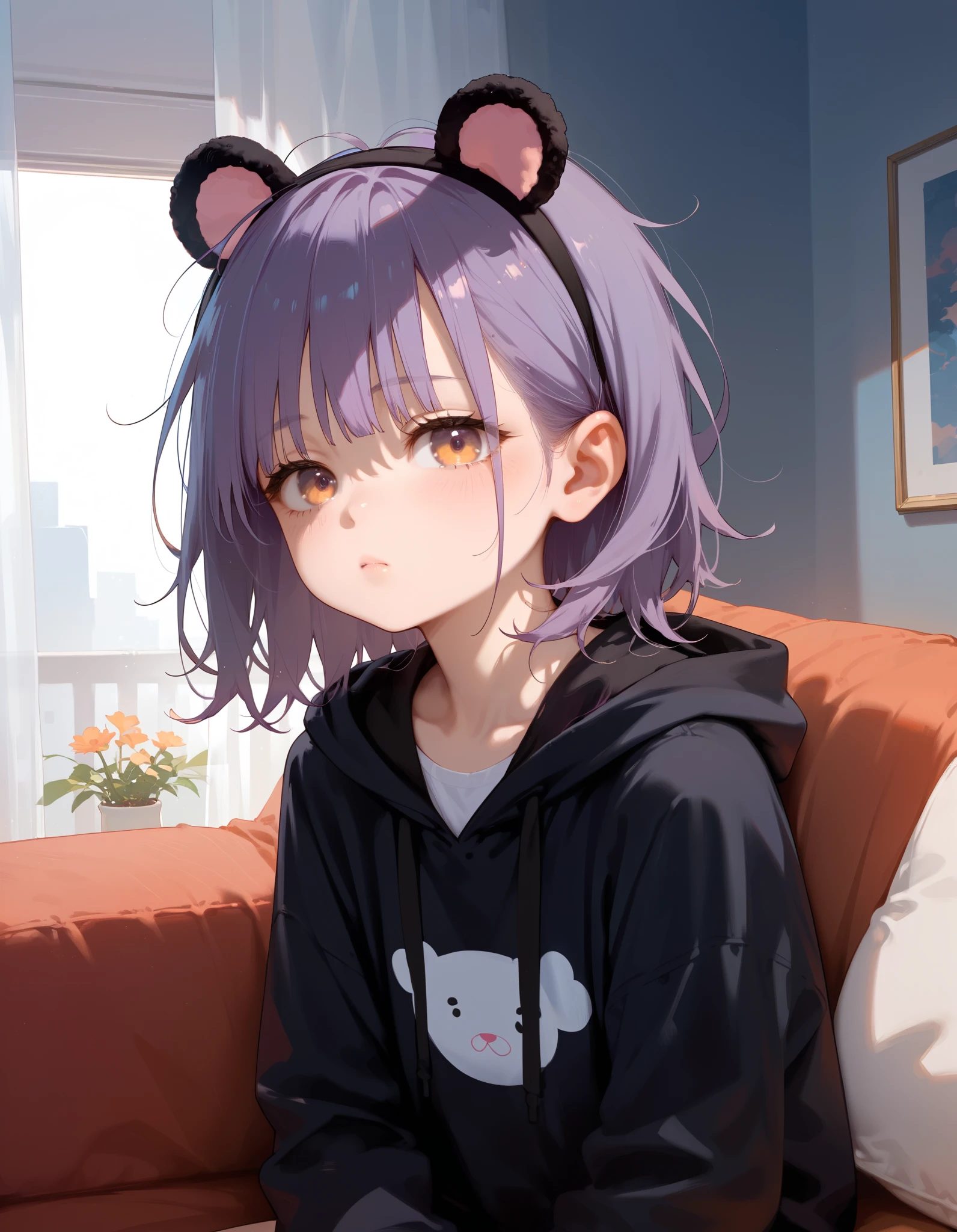 score_9,score_8_up,score_7_up,score_6_up,source_anime,
BREAK
A young girl,skinny and frail,(petite,cute:0.5),
looking at viewer,
purple hair,medium hair,messy hair,
hoodie,
hood up,animal ear hood,fake animal ears,
indoors,sleepy,