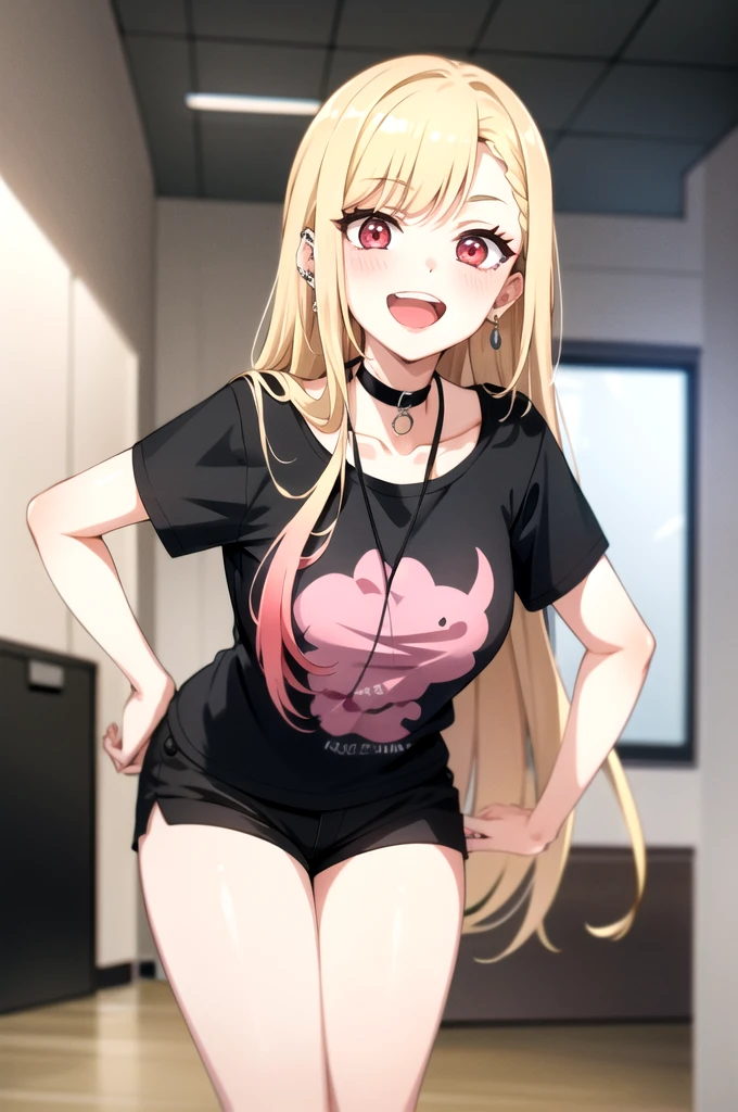 tall body, tall, long legs, mature female, mature, adult, eft_marin, 1girl, kitagawa marin, blonde hair, solo, long hair, shirt, shorts, smile, red eyes, black shorts, black shirt, piercing, open mouth, looking at viewer, multicolored hair, choker, earrings, jewelry, t-shirt, ear piercing, print shirt, blush, short sleeves, leaning forward, bangs, gradient hair, breasts, cowboy shot, teeth, pink nails, black choker, colored tips, barbell piercing, short shorts, :d, nail polish