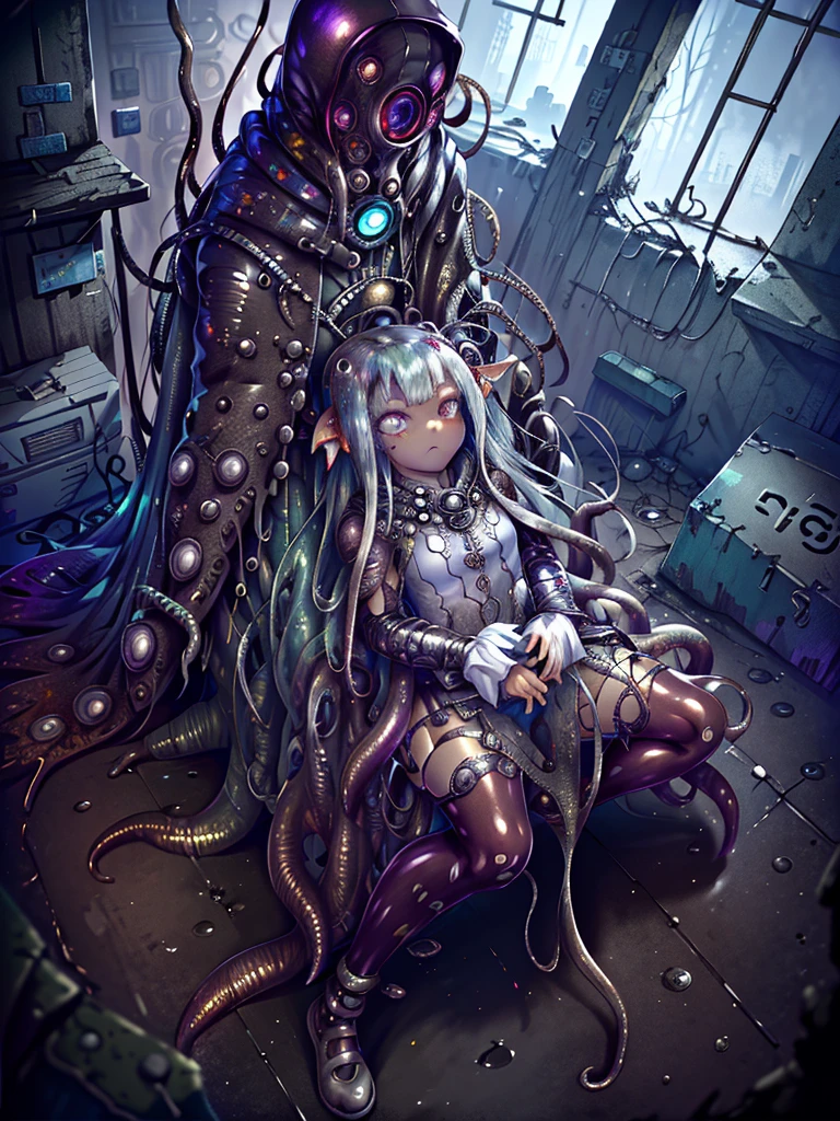 (((gloomy tentacle biopunk))), ((gloomy biopunk girl)), ((closed clothing)), biopunk cape-shaped clothes, closed pose, hands together, cold lighting, abandoned biopunk landscape, (scorn videogame style), horror atmosphere, presence of something terrible, highly detailed biopunk background, background by Hans Giger, perfect anatomy, masterpiece