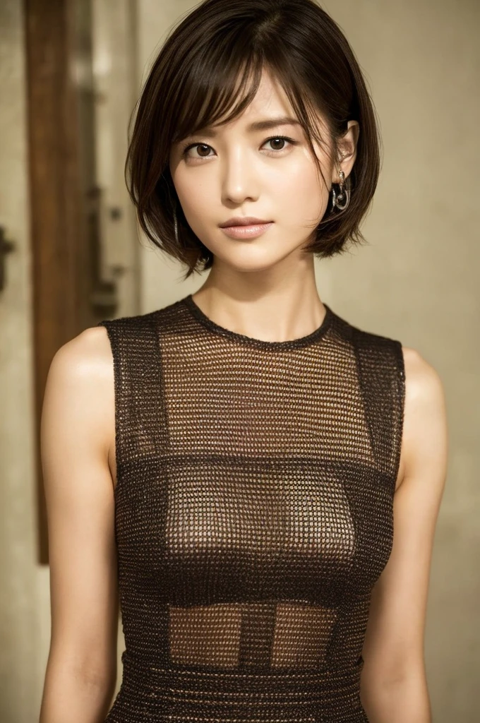 Close-up of a woman in a black dress taking a photo, Gorgeous Young Japanese Woman, Beautiful young Japanese woman, Beautiful Japanese Woman, Japanese Girls, Gorgeous Woman, Beautiful Asian Girl, Japanese Model, Japanese female fashion model, Kiko Mizuhara, See through, short hair, See throughドレス, Asian Girl, mesh shirt、、Very small breasts、Became a slime、thin、Natural pose、relax、smile