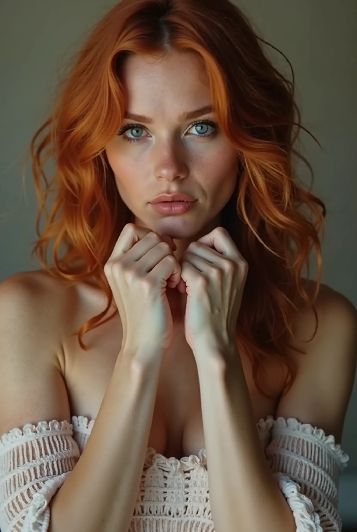 ultra realistic, photography, red hair, woman, milf, 50 years old, hourglass figure, fit body, Flirty look, huge natural breasts, masterpiece, best quality, extremely detailed:1.2, hyperrealistic, photorealistic, sitting on a couch, relaxing, perfect hands, nude, naked, ultra detailed face, wrinkles, old face, pale skin,