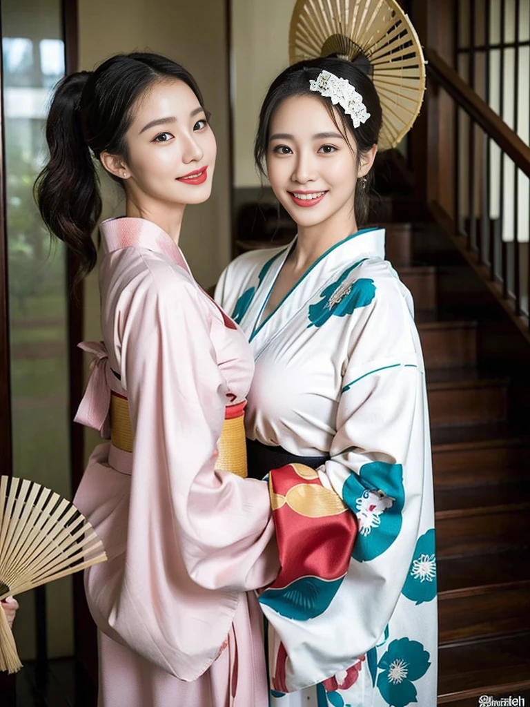 (A super beautiful Korean aunt with a traditional Japanese fan is standing wearing a kimono:1.3)(Grinning:1.1)(Sweaty skin:1.2)(16k,  RAW Photos, Best Quality, masterpiece: 1.2),(艶やかなSweaty skin:1.3) Super detailed,  super resolution, (Genuine, Genuine photos: 1.37), Portraiture,  high-resolution RAW color photo ,  professional photos,  several people having fun with each other while having very detailed , 8k wallpaper,  several people having fun with each other while having very detailed  CG Unity 8k wallpaper,  several people having fun with each other while having very detailed  beautiful girls,  several people having fun with each other while having very detailed  faces, ((whole body)), beautiful woman,  huge breasts,(huge boobs:1.1) ( big boobs :1.1), Beautiful college student (Sexy long-sleeved kimono),Yukata, Korean,(milf), (Beautiful mature)(Beautiful office lady:1.1)(Japanese Shrine Staircase :1.2)(51 years old)gal,Gal,Heavy makeup(Sweaty skin:1.2)(Shiny tied ponytail hair)(from side)Luxury Necklace,Furisode,Yukata,Kimono(NSFW)beautiful legs