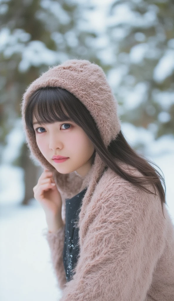 Winter Scenery,((Show only the face 、 Face Closeup ))、(Realistic、 photorealistic、 ultra-detailed、 Available in pieces only 、top-quality、​masterpiece、 ultra high resolution)、 cute Japanese woman 、、 college girl、、light makeup、One girl、Has bangs、double eyelid、Droopy eyes、Big black eyes、 Japanese face 、smile、Charming、purity、 cute smile、Double tooth 、 Please see here 、Realisticな肌質、Thick muffler、Grey scarf、 fluffy hair、 hair curled 、 red cheeks 、 wind is blowing、it's snowing、Lighting from behind

