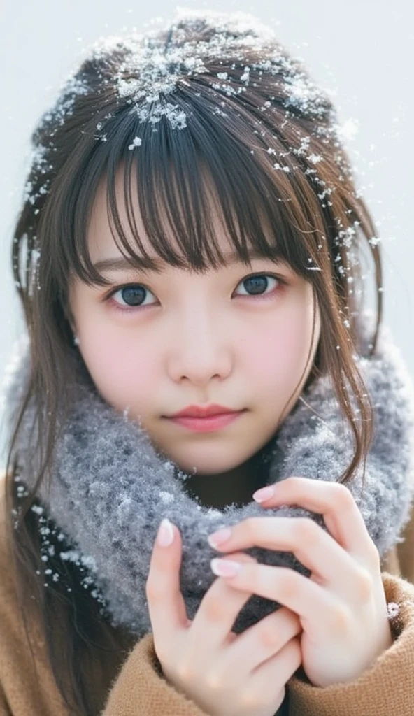 Winter Scenery,((Show only the face 、 Face Closeup ))、(Realistic、 photorealistic、 ultra-detailed、 Available in pieces only 、top-quality、​masterpiece、 ultra high resolution)、 cute Japanese woman 、、 college girl、、light makeup、One girl、Has bangs、double eyelid、Droopy eyes、Big black eyes、 Japanese face 、smile、Charming、purity、 cute smile、Double tooth 、 Please see here 、Realisticな肌質、Thick muffler、Grey scarf、 fluffy hair、 hair curled 、 red cheeks 、 wind is blowing、it's snowing、Lighting from behind

