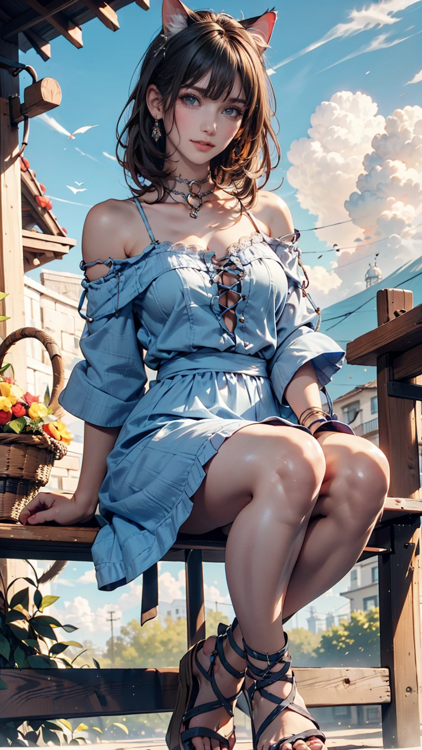 cat beckoning pose (Meow meow)、 Off-the-shoulder summer dress(Mini length)、 lace up sandals 、blue sky、cloud