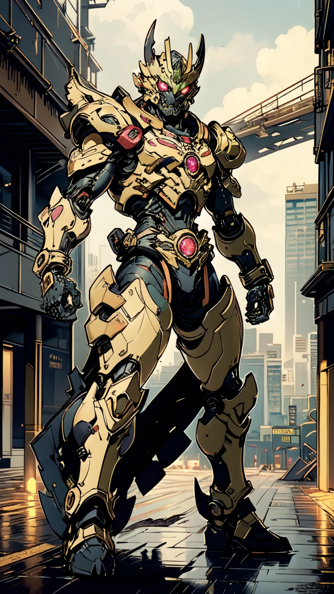 (masterpiece:1.5, best quality:1.5, extremely delicate:1.5), ((male:1.5)), a man wearing a full-face helmet, green eyes, fantasy-style high-tech biomimetic armored combat suit, (a composite layered chest armor), the design balances heavy with agility, fully enclosed shoulder guards, matching arm and leg guards, a belt of gemstone, equipped with a high-tech Railgun backpack, (the color scheme is primarily Indigo with Silver accents, Organic Biotech, Concept Inspired by Iron Behemoth, glowing eyes, armor glows, stand of a futuristic sci-fi city), this character embodies a finely crafted fantasy-style armored hero in anime style, exquisite and mature art style, metallic, high definition, highres, ultra-detailed, ultra-fine painting, professional, perfect body proportions, golden ratio, anatomically correct, symmetrical face, extremely detailed eyes and face, high quality eyes, creativity, RAW photo, UHD, 32k, Natural light, cinematic lighting, masterpiece-anatomy-perfect