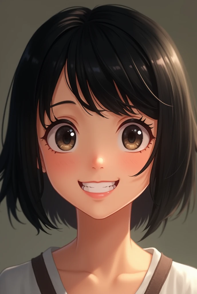 Girl with short black hair with excited face naked without clothes,