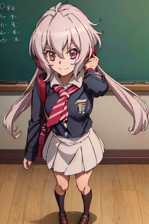 (((Senki Zeshou Symphogear · Yukine Chris · school uniform · classroom · smiling face · skirt · student bag · female middle school student · standing in front of a blackboard · correct posture · transfer student)))