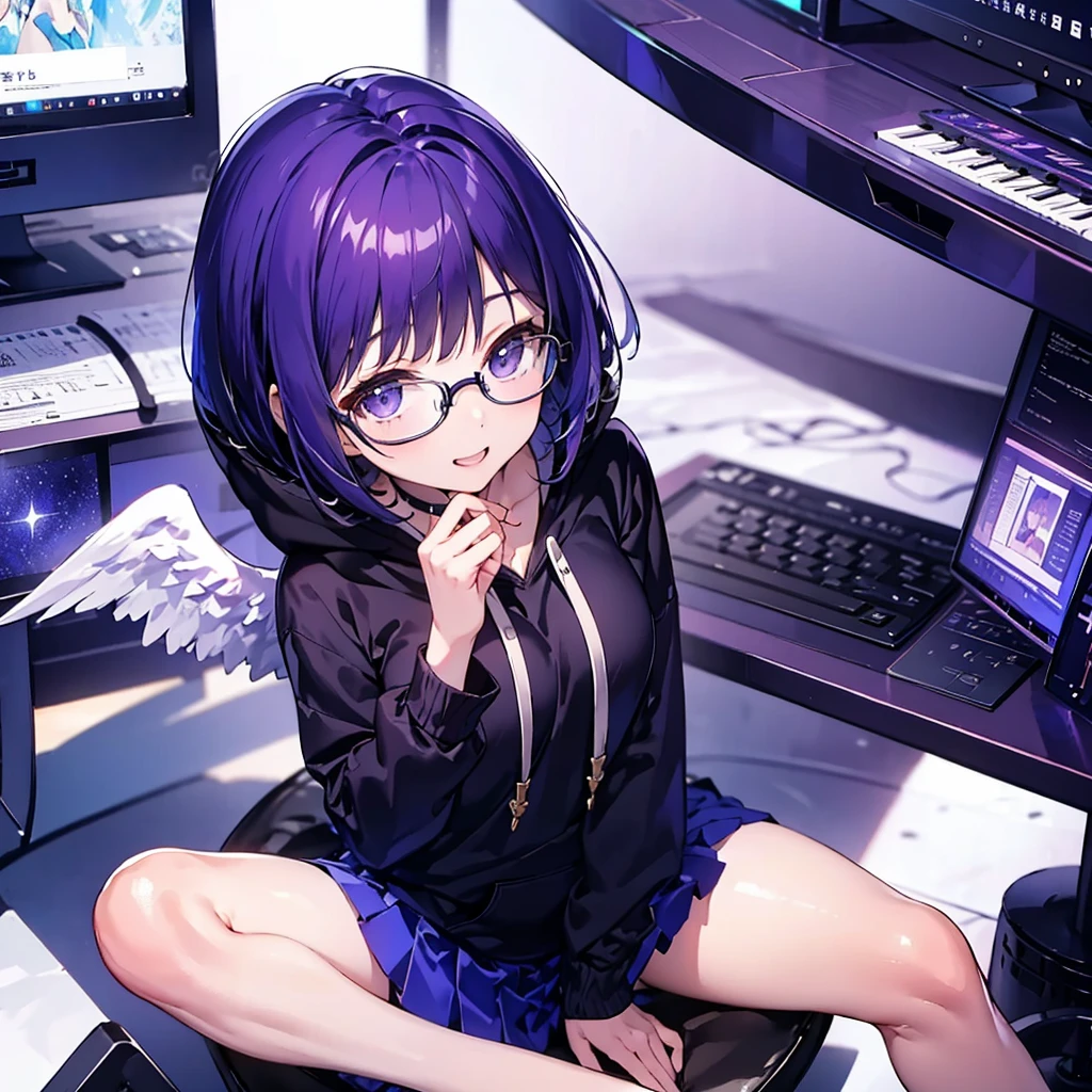 solo1.5、 High Quality、Bird's-eye view from above composition 1 .7、Seiko no Hand 1 .5、Purple-black bob cut 、 sitting on the purple cube in front of the monitor 、 black hoodie and purple mini skirt 1 .6、 1 with a silver light cube floating in the right hand.7、voluptuous0.6、Angel Girl Sandalphone 1 .8、Confident smile without opening her mouth1 .1、black rimmed glasses 1.4、