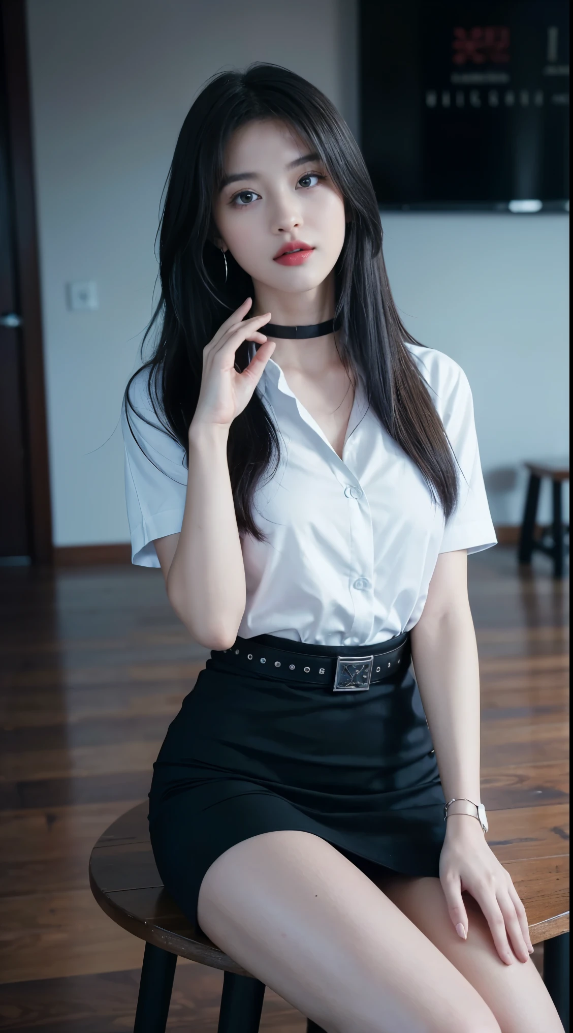 Pretty girl, beautiful girl, white blouse, black mini skirt, from below