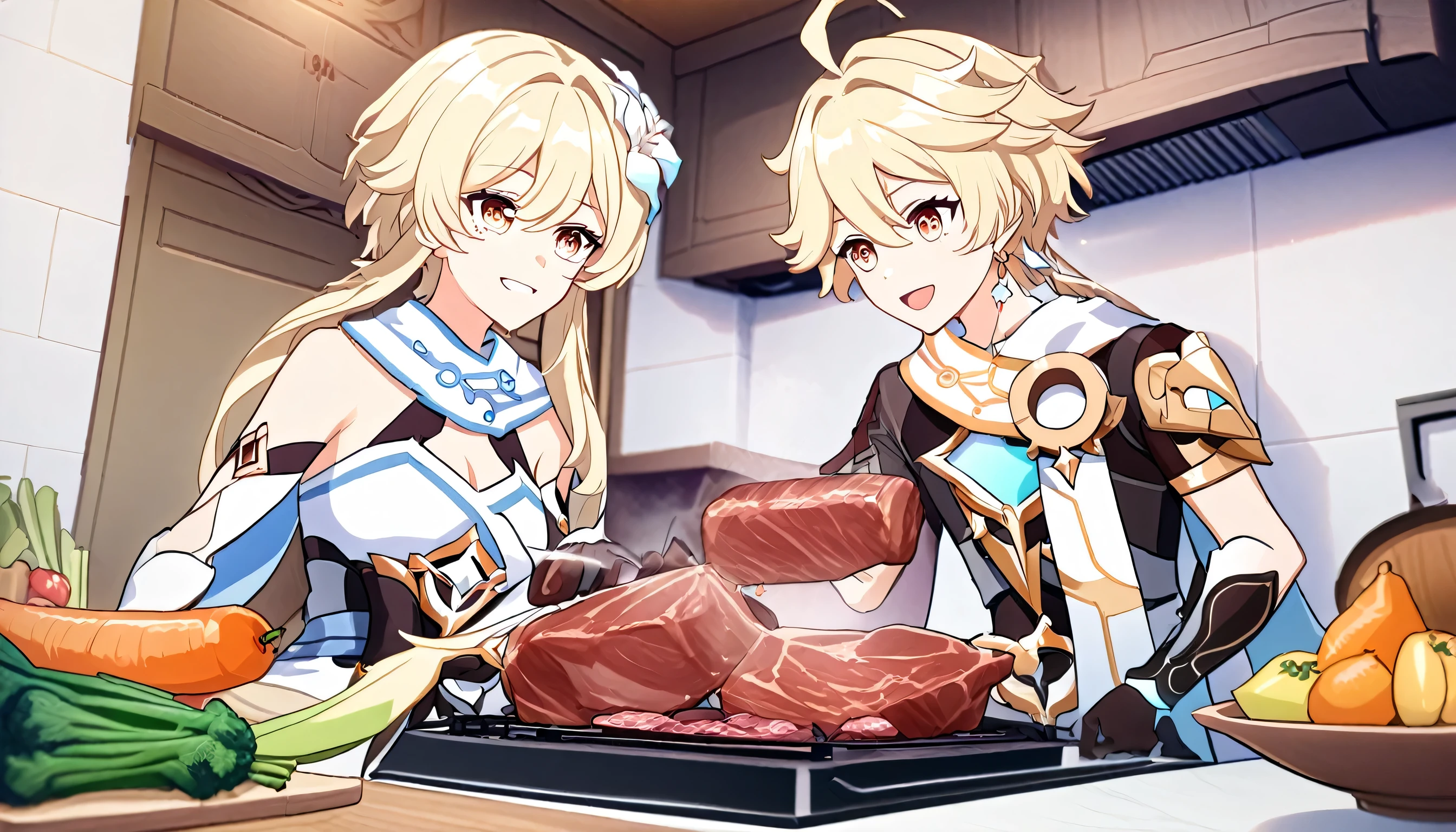 a brother and sister, boy and girl, aether and lumine, genshin impact, happy face, forcing together in the kitchen, cooking meat, vegetables, fruit, modern kitchen technology, electronic stove, oven, technology elements.