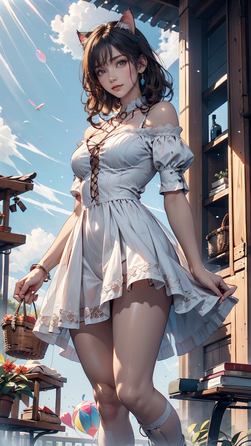 girl underwear, Realistic bloomers made from patterned cotton fabric, Medieval one-piece dress with panniers, Fabric Realism, Low - Angle, I see bloomers, Pull up the dress by hand, Strong winds, Translucent slip, Translucent slip, tights, Highest quality, Crotch close-up, whole body