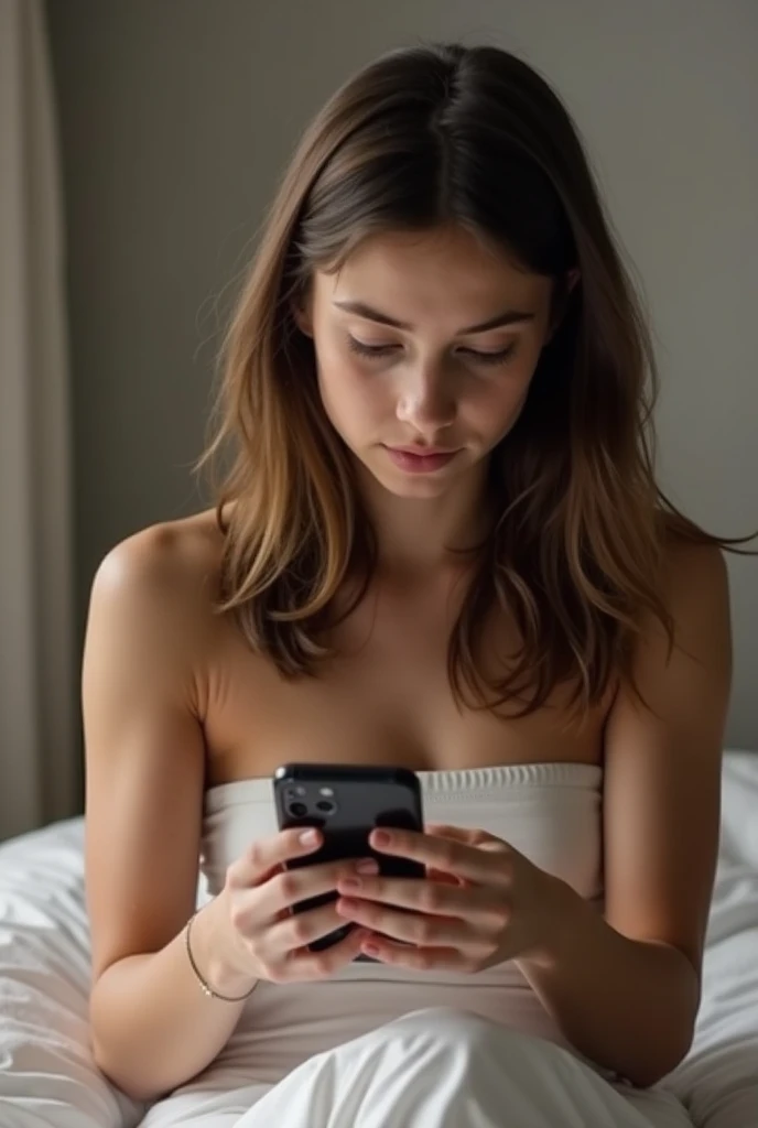a beautiful woman with shoulder length hair sitting on the sofa holding a cellphone with her thighs and legs open, and a man in front of the woman with his head towards the woman's vaginal crotch