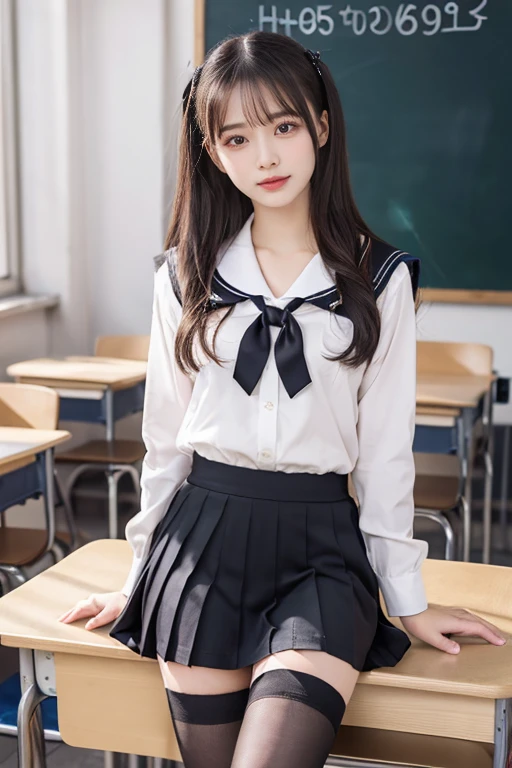  idol with a harmonized finger ratio ,Long Hair ,  straight hair,Black Hair, Round face , bust up ,  sailor suit ,  as in the picture  ,  (8k,  RAW Photos, Realistic:1.25) ,(  lip gloss, eyelash, Shining Face,  shiny skin, Best Quality,  ultra high resolution,  written border depth , chromatic aberration, caustics, Wide-area lighting, Natural Shading) She is staring at the viewer with a calm expression,  happy like a goddess ., High school classroom,  sailor suit,  mini skirt,School tights,