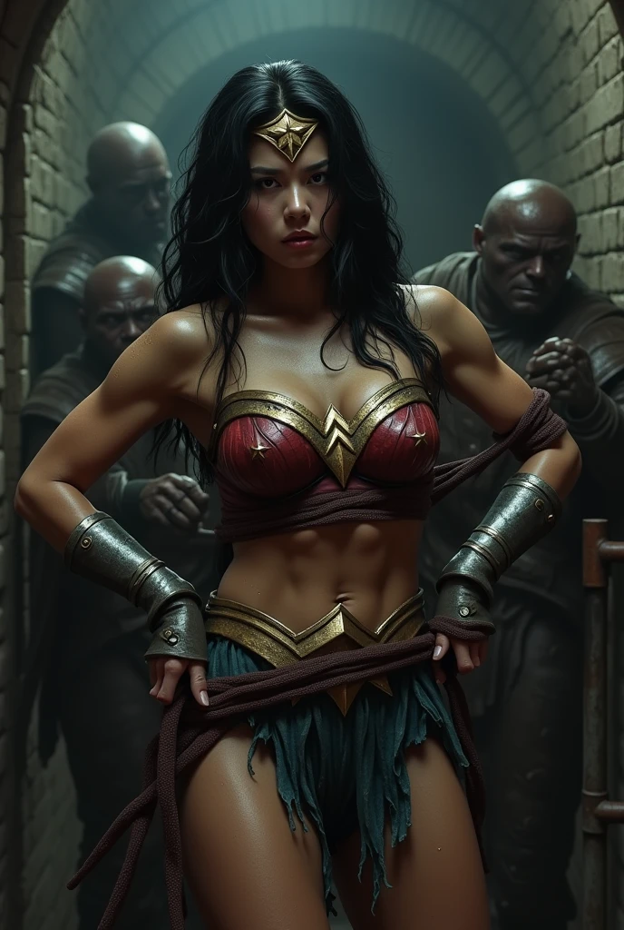 Katarin de bloodrayne (Michelle Rodriguez) wearing sexy black latex armor. Exposed on a slave market, arms UP, armpit, restraint to wooden bars, post-apocalypse zombie chaos, devastated city