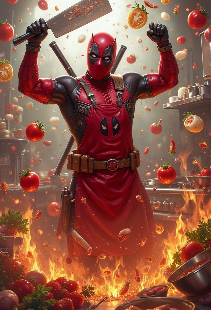 ((masterpiece)) ((photography)) ((Highest quality))  A humorous and action-packed illustration of Deadpool in a chaotic kitchen scene, wearing only a red apron with his iconic black Deadpool logo on the front. He’s holding a massive chef's knife in one hand and a spatula in the other, surrounded by food flying everywhere—tomatoes, eggs, and vegetables mid-air as if just thrown. His mask is on, with a mischievous grin visible through his eyes. The kitchen is a disaster zone, with pans on fire, sauce splattered on the walls, and kitchen gadgets out of control. The scene blends comedy and mayhem, capturing Deadpool’s chaotic energy perfectly.