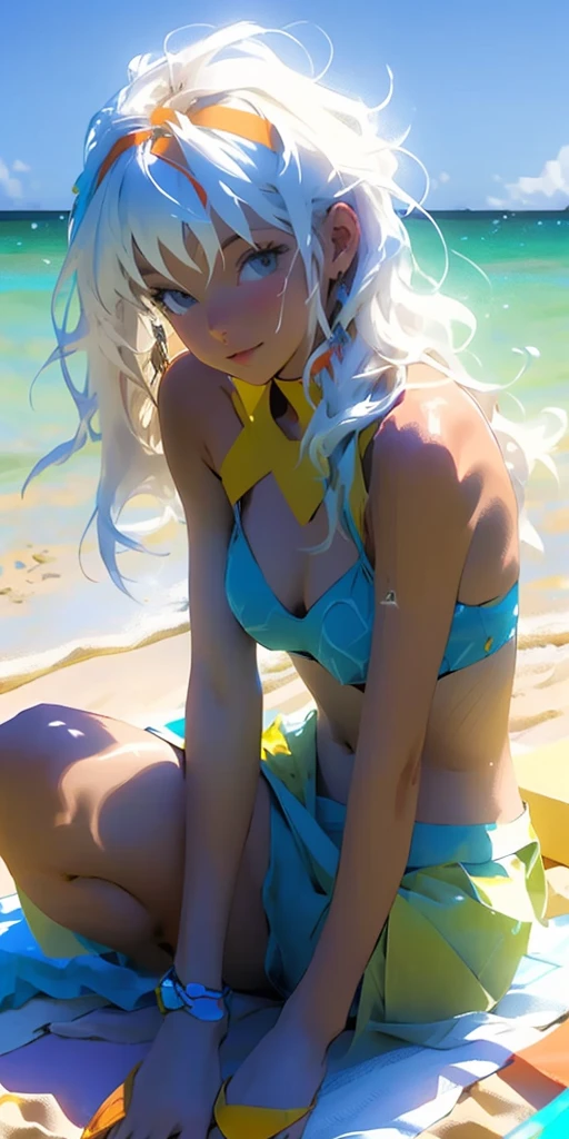 1 girl、Shortcuts、Gray Hair、She is 、Brown Skin、Wearing a white bikini、Beautiful brown eyes、Lean and muscular body、barefoot、Colorful Bracelets、Colorful anklets、Laugh brightly、Dance cheerfully、bromide