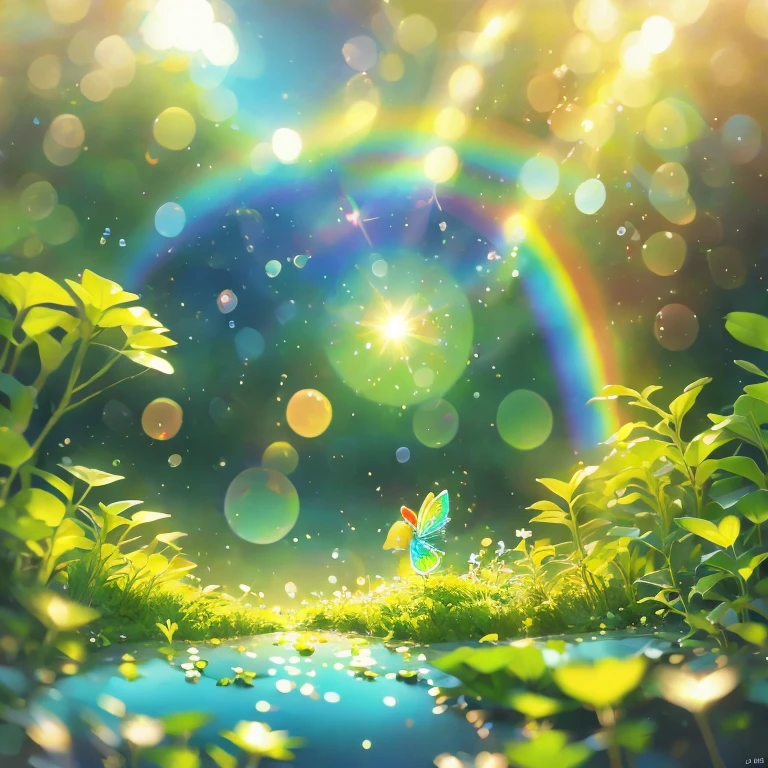  fantasy landscape in green nature、 fairy tale、Light shines in、 bright 、Fairies are there 。Reflection of light、Warmly、 soap bubble 、rainbow