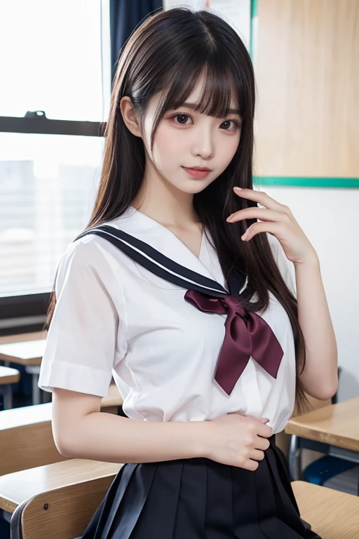  idol with a harmonized finger ratio ,Long Hair ,  straight hair,Black Hair, Round face , bust up ,  sailor suit ,  as in the picture  ,  (8k,  RAW Photos, Realistic:1.25) ,(  lip gloss, eyelash, Shining Face,  shiny skin, Best Quality,  ultra high resolution,  written border depth , chromatic aberration, caustics, Wide-area lighting, Natural Shading) She is staring at the viewer with a calm expression,  happy like a goddess ., High school classroom,  sailor suit,  mini skirt,School tights,