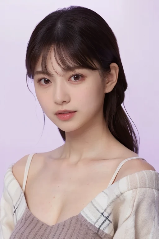 (masterpiece, best quality, perfect anatomy,  highres , 8k, realistic, photorealistic, realistic skin texture:1.2), 1girl, solo, Japanese, age20, perted lips, standing, looking at viewer, lavender color off-shoulder knit, (large breasts), perfect figure, jp idol, white background, photography lighting, half shot