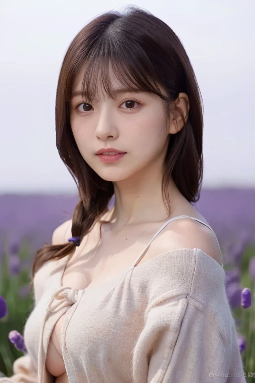 (masterpiece, best quality, perfect anatomy,  highres , 8k, realistic, photorealistic, realistic skin texture:1.2), 1girl, solo, Japanese, age20, perted lips, standing, looking at viewer, lavender color off-shoulder knit, (large breasts), perfect figure, jp idol, white background, photography lighting, half shot