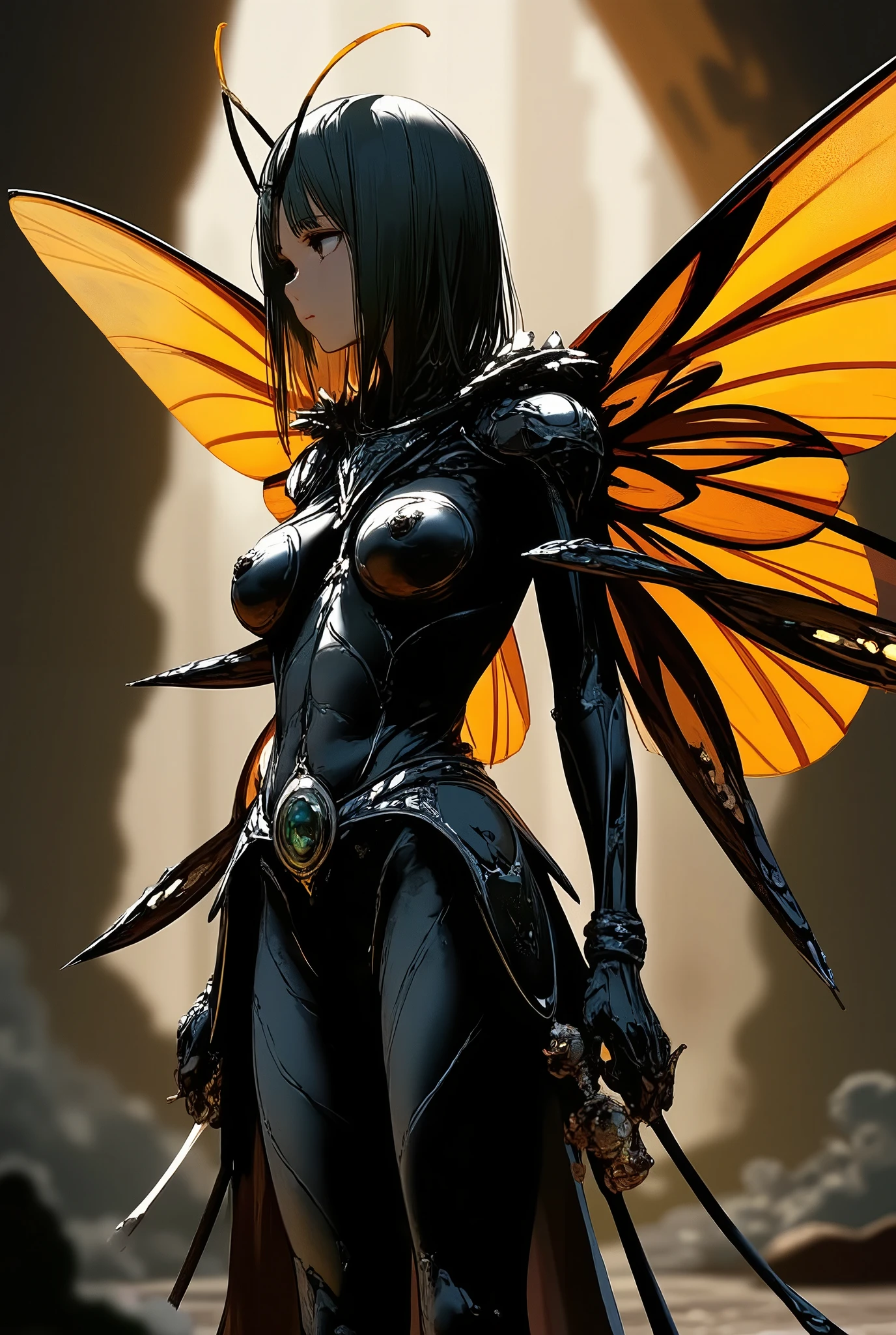 1girl\(queen ant,antennae,black eyes,insect girl,looking at viewer, full body,black ant skin, insect wings,ant girl, gaster\(spider tank\), compound eyes,4 arms\), dark underground empire of ant-mans