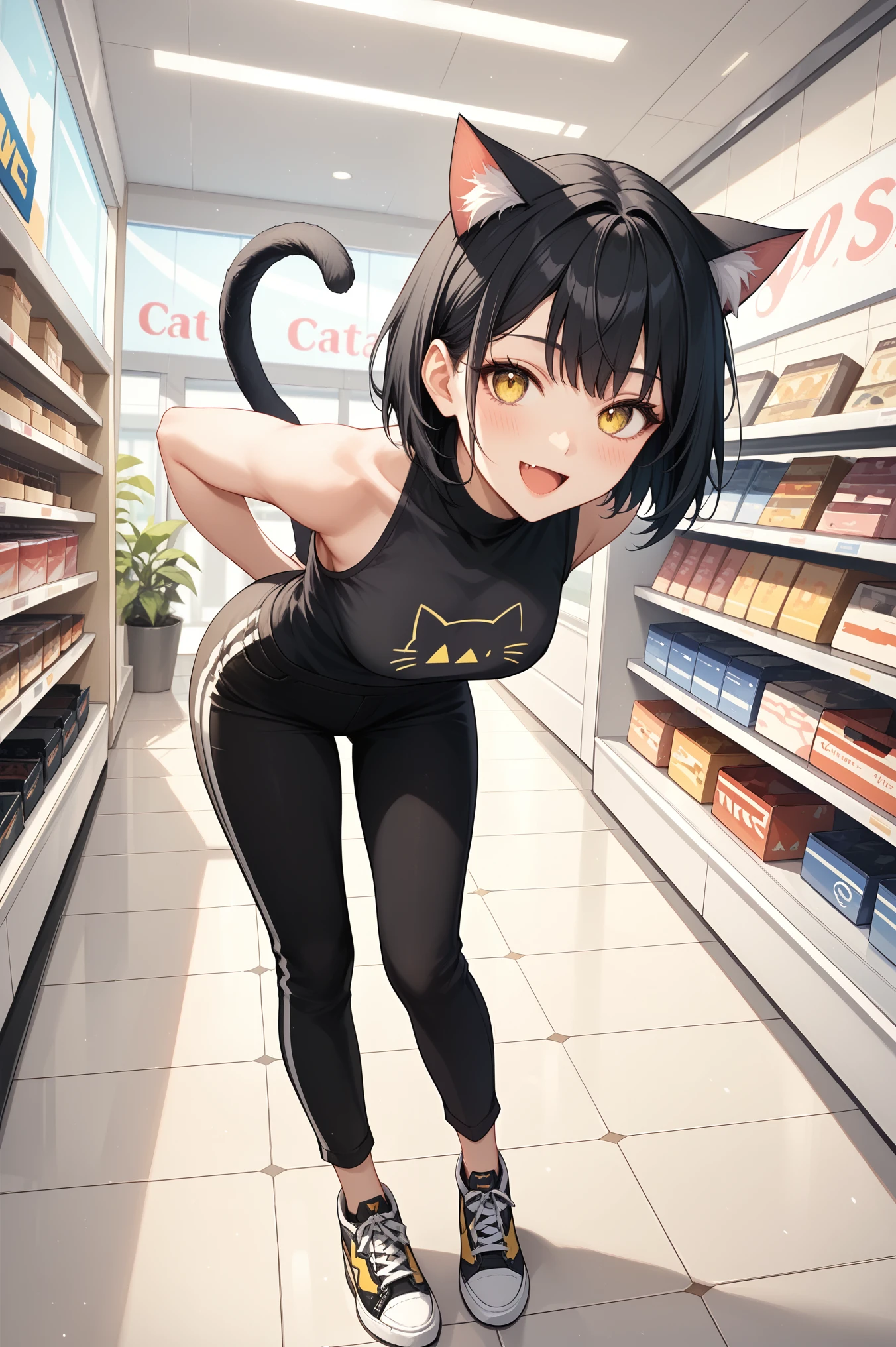 (masterpiece, best quality), (score_9,score_8_up,score_7_up), (highly-detailed), solo, young woman, 21 years old, (short stylish black hair), (bright yellow eyes), (nice body, curvaceous, fit), cute face, (cat ears, cat tail), (cool cat_print black sleeveless shirt, black shortpants), thighs, legs, vans_shoes, cute feline fang, happy, blush, joyful, hands behind back, leaning forward, fancy modern clothes shop, mall, wholesome day,