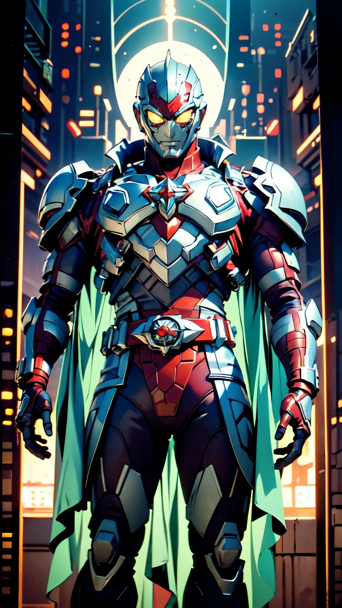(masterpiece:1.5, best quality:1.5, extremely delicate:1.5), ((male:1.5)), a man wearing a full-face helmet, green eyes, fantasy-style high-tech biomimetic armored combat suit, (a composite layered chest armor), the design balances heavy with agility, fully enclosed shoulder guards, matching arm and leg guards, a belt of gemstone, (the color scheme is primarily Scarlet with White and Blue accents, Organic Biotech, Concept Inspired by Superman, glowing eyes, armor glows, stand of a futuristic sci-fi city), this character embodies a finely crafted fantasy-style armored hero in anime style, exquisite and mature art style, metallic, high definition, highres, ultra-detailed, ultra-fine painting, professional, perfect body proportions, golden ratio, anatomically correct, symmetrical face, extremely detailed eyes and face, high quality eyes, creativity, RAW photo, UHD, 32k, Natural light, cinematic lighting, masterpiece-anatomy-perfect