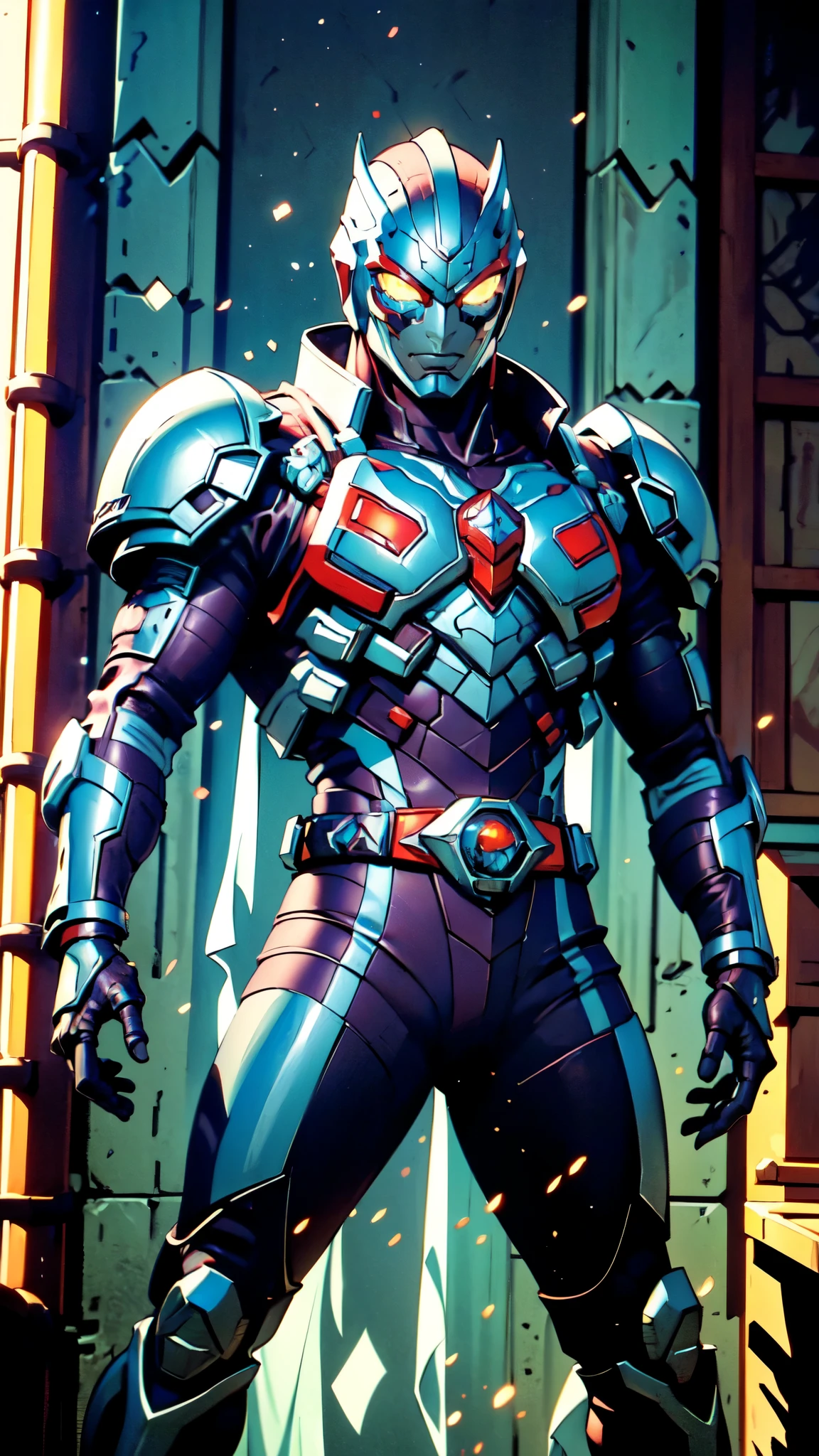 (masterpiece:1.5, best quality:1.5, extremely delicate:1.5), ((male:1.5)), a man wearing a full-face helmet, green eyes, fantasy-style high-tech biomimetic armored combat suit, (a composite layered chest armor), the design balances heavy with agility, fully enclosed shoulder guards, matching arm and leg guards, a belt of gemstone, (the color scheme is primarily Scarlet with White and Blue accents, Organic Biotech, Concept Inspired by Superman, glowing eyes, armor glows, stand of a futuristic sci-fi city), this character embodies a finely crafted fantasy-style armored hero in anime style, exquisite and mature art style, metallic, high definition, highres, ultra-detailed, ultra-fine painting, professional, perfect body proportions, golden ratio, anatomically correct, symmetrical face, extremely detailed eyes and face, high quality eyes, creativity, RAW photo, UHD, 32k, Natural light, cinematic lighting, masterpiece-anatomy-perfect