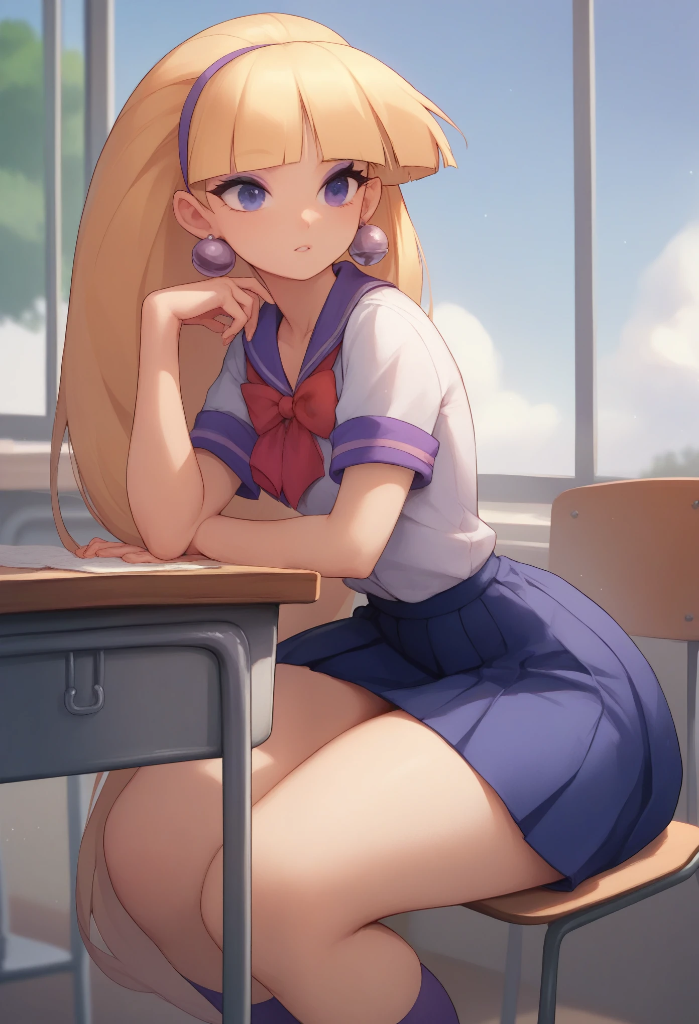 Pacifica Northwest. Small saggy breasts. huge hips. thin body, long blond hair with bell-shaped bangs and dark blue eyes. She also has thick purple eye shadow and lavender ring earrings. school uniform. school class. desk. sitting