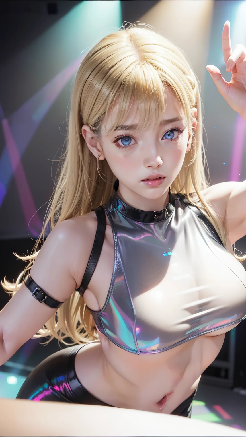 Highest quality, Ultra-high resolution, Realistic, BSFW,
Cyberpunk One Girl Has Sexy Euro Blonde Hair、Taking photos in a studio environment with a gray background, Protruding nipples, View your viewers, Upper Body, thin, Visible cracks, Crop top