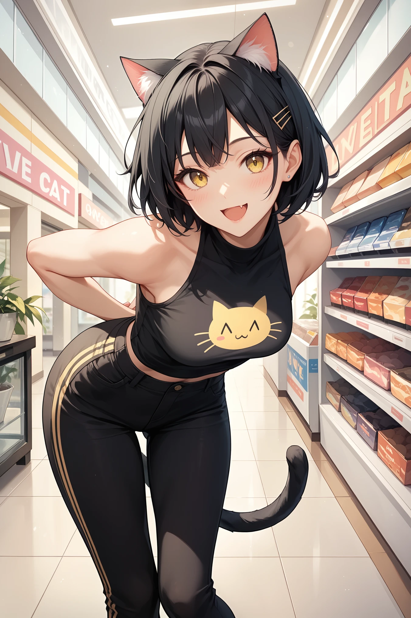 (masterpiece, best quality), (score_9,score_8_up,score_7_up), (highly-detailed), solo, young woman, 21 years old, (short stylish black hair), (bright yellow eyes), (nice body, curvaceous, fit), cute face, (cat ears, cat tail), (cool cat_print black sleeveless shirt, black shortpants), thighs, legs, vans_shoes, cute feline fang, happy, blush, joyful, hands behind back, leaning forward, fancy modern clothes shop, mall, wholesome day,