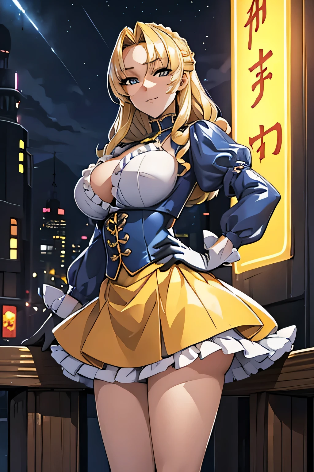 Top quality, detailed face, top quality, detailed eyes, detailed illustration, one woman, MILF, 19 years old, fighting noblewoman, blonde drilled hair, provocative smile, heavy blue and yellow aristocratic-style battle suit, ruffled sleeves, mini skirt, high heels, gloves, big breasts, hand on waist, standing, night Neon street