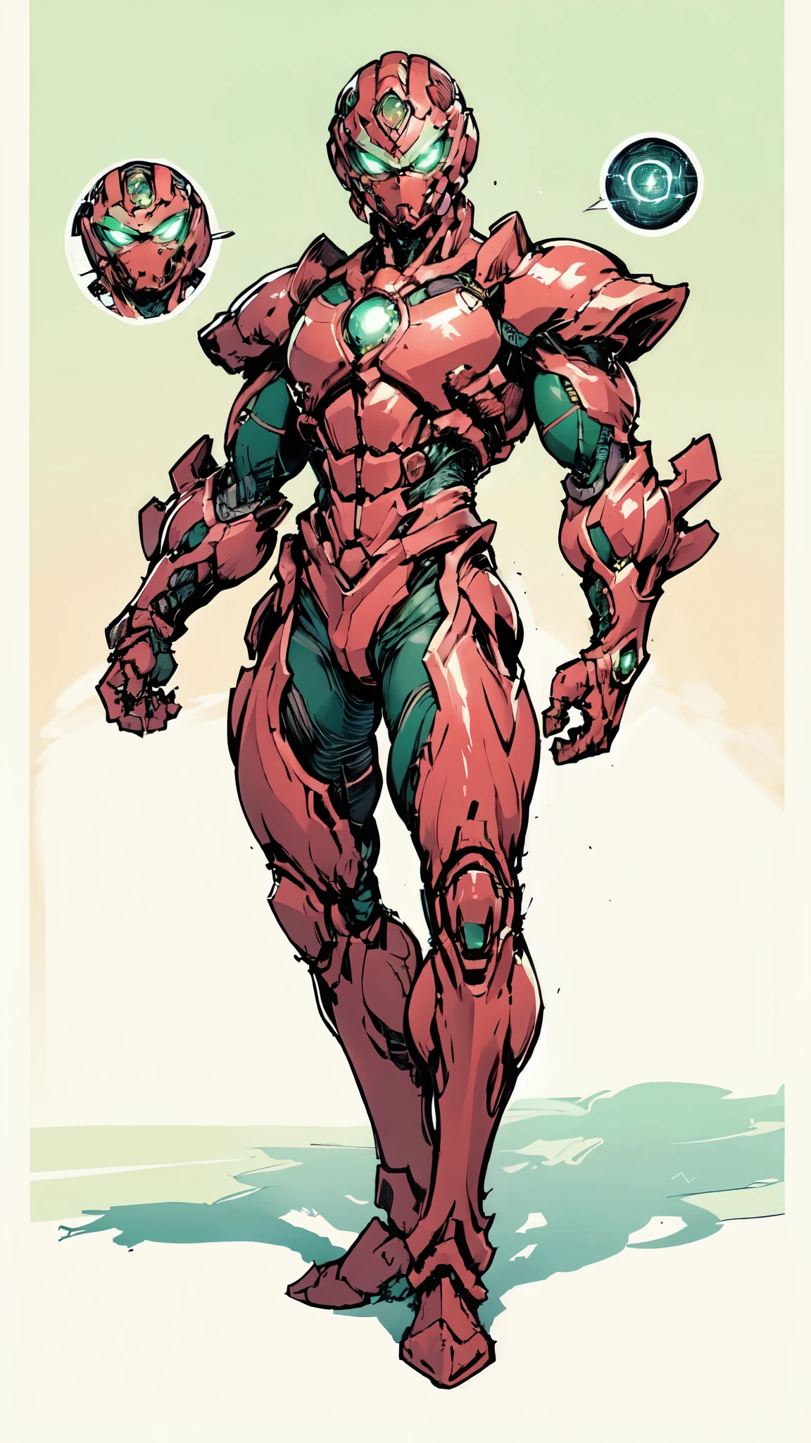 (masterpiece:1.5, best quality:1.5, extremely delicate:1.5), ((male:1.5)), a man wearing a full-face helmet, green eyes, fantasy-style high-tech biomimetic armored combat suit, (a composite layered chest armor), the design balances heavy with agility, fully enclosed shoulder guards, matching arm and leg guards, a belt of gemstone, (the color scheme is primarily Red with Green and White accents, Organic Biotech, Concept Inspired by Iron Man, glowing eyes, armor glows, stand of a futuristic sci-fi city), this character embodies a finely crafted fantasy-style armored hero in anime style, exquisite and mature art style, metallic, high definition, highres, ultra-detailed, ultra-fine painting, professional, perfect body proportions, golden ratio, anatomically correct, symmetrical face, extremely detailed eyes and face, high quality eyes, creativity, RAW photo, UHD, 32k, Natural light, cinematic lighting, masterpiece-anatomy-perfect