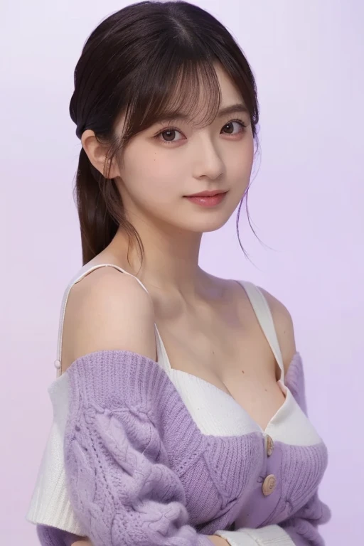 (masterpiece, best quality, perfect anatomy,  highres , 8k, realistic, photorealistic, realistic skin texture:1.2), 1girl, solo, Japanese, age20, perted lips, standing, looking at viewer, lavender color off-shoulder knit, (large breasts), perfect figure, jp idol, white background, photography lighting, half shot