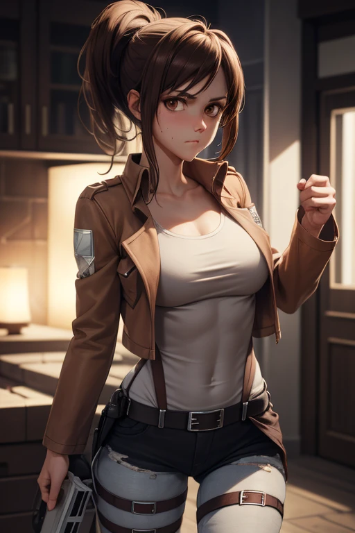 masterpiece,best quality,high resolution,8k,ultra HD,wallpaper,illustration,perfect face,cowboy shot,beautiful detailed eyes,extremely detailed face,perfect lighting,extremely detailed CG,perfect anatomy,perfect body,perfect thick,perfect hands,perfect fingers,1woman,full body,,muscle fighter body,(brown long ponytail hair),brown eyes,large breasts,Medium ass,,(brown jacket inner white Y-shirt),black hot pants,clothed,collarbone,looking at viewer,(),steam,sweat,(Attack on Titan character Sasha Braus),