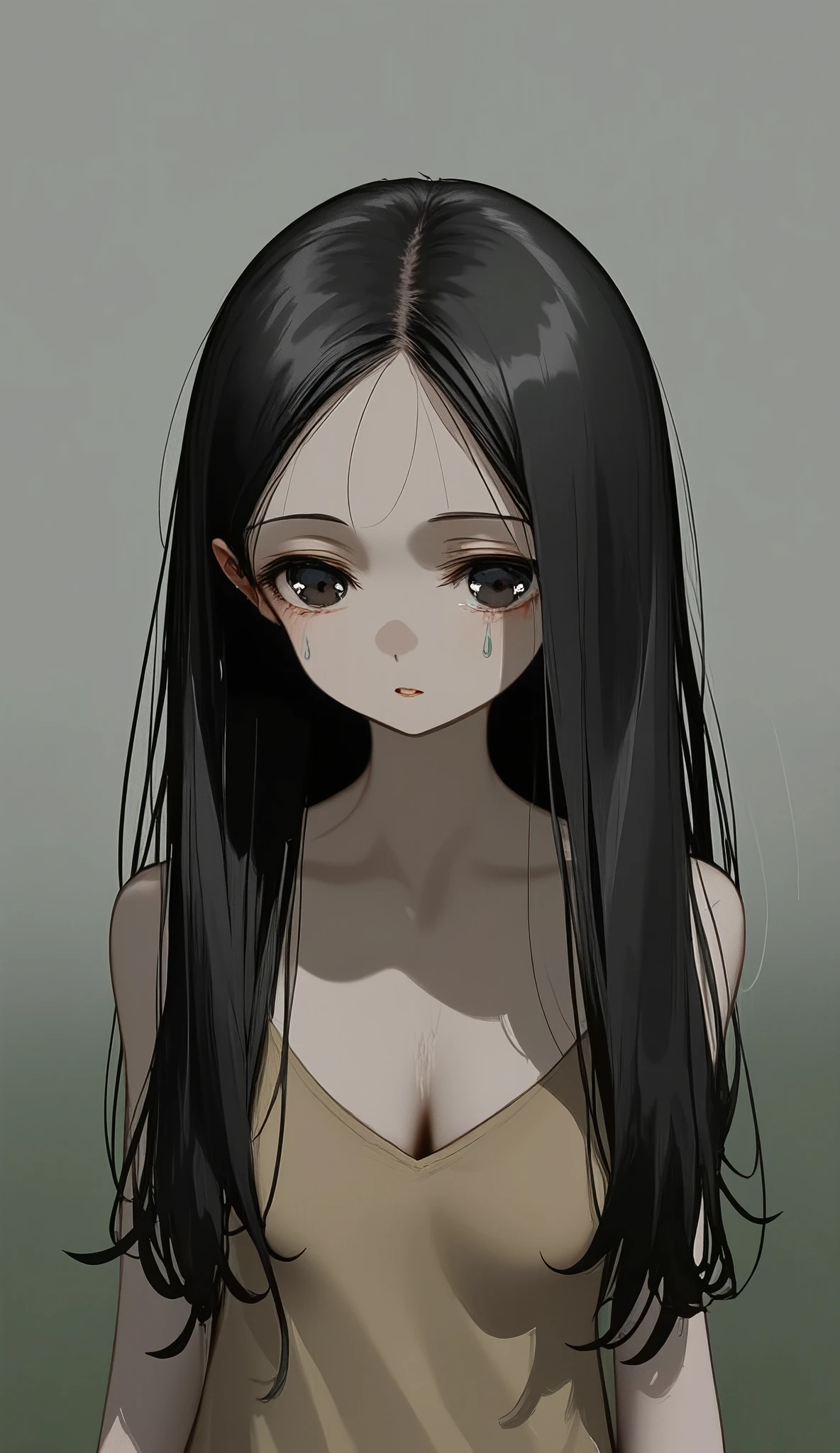 20 years old female tilting her head, hollow eyes, shedding a lot of tears, oil painting style, simplified figure, gloomy atmosphere, lonely atmosphere, sad coloring.