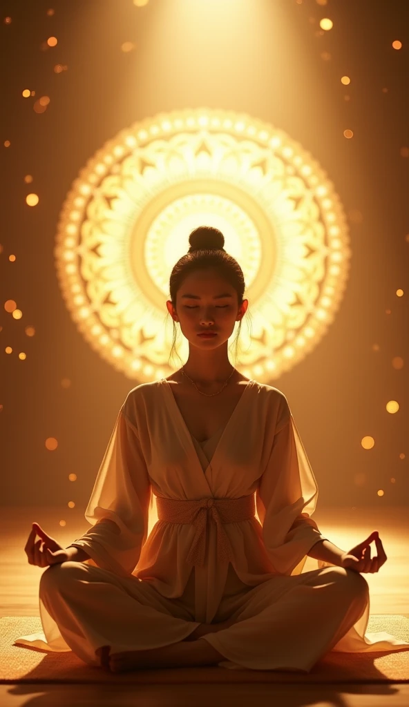 A serene meditation scene featuring a so beautiful sexy Japanese woman in a traditional outfit, seated in a lotus position with a calm expression. She sits in a softly illuminated room with an ethereal, glowing mandala behind her, adding depth and tranquility to the background. Warm golden rays of light filter in from above, blending harmoniously with gentle sparkles in the air, creating a peaceful, mystical ambiance. The atmosphere is both spiritual and grounding, capturing inner peace and enlightenment.
This prompt focuses on the balance of light, the tranquil setting, and the spiritual symbolism in the background.