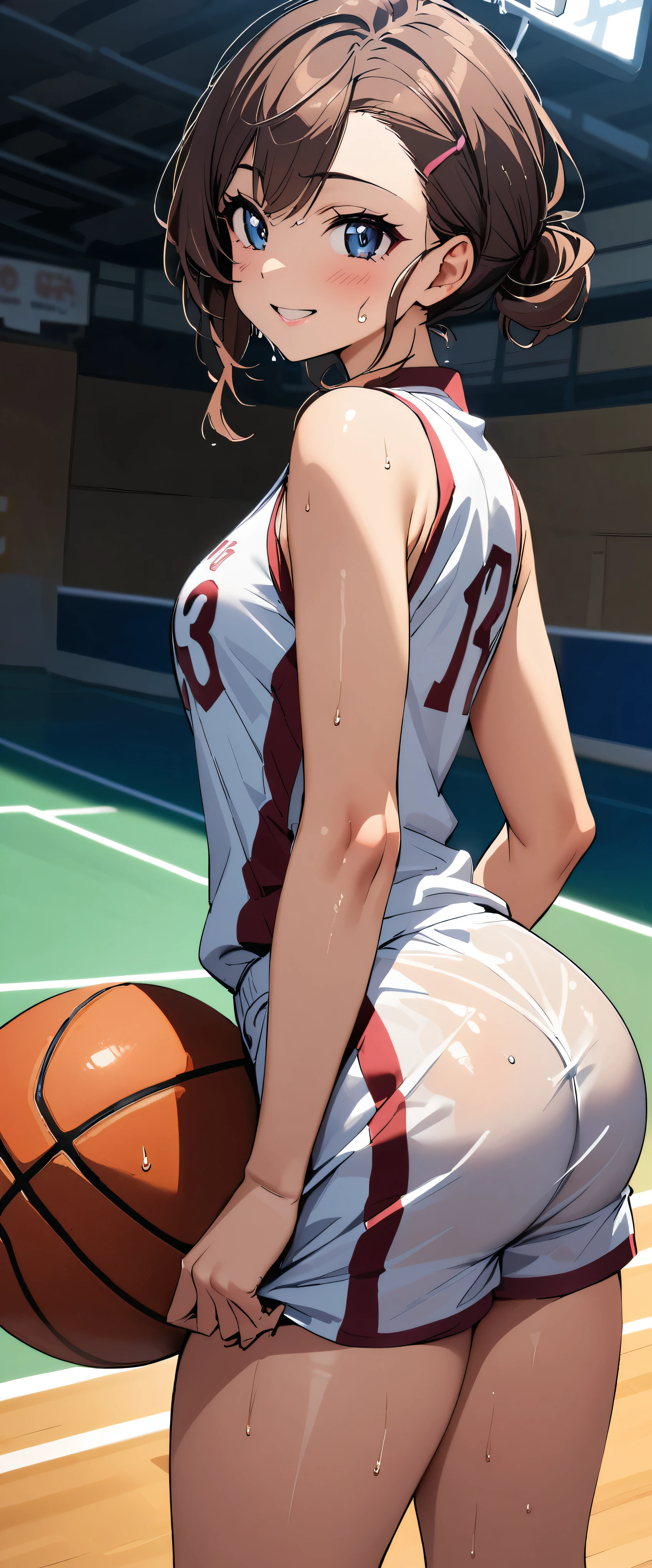 (masterpiece,highest quality,超A high resolution),japanese woman, (((Very beautiful 2 girl))), pretty girl、look at the photographer、 (()), super cute face, glossy lips, double eyelids in both eyes,natural smile、 natural makeup, long eyelashes, Shiny and smooth hair、center image, perfect limbs, perfect anatomy,(((basketball sleeveless uniform)))、,(wet with sweat),,turn around and look back,basketball court,See-through