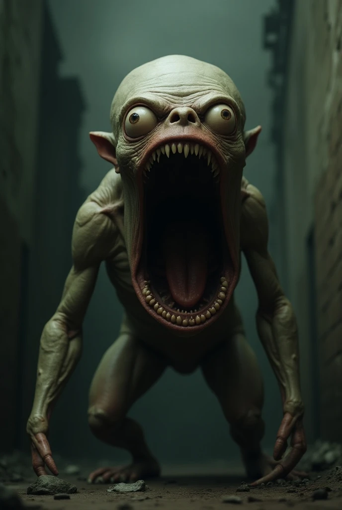 a man who has no ears and nose, a bald and naked nose but covered in mud, with entirely black eyes. With snakes coming out of your mouth . kneeling in a mud puddle, in the middle of the forest