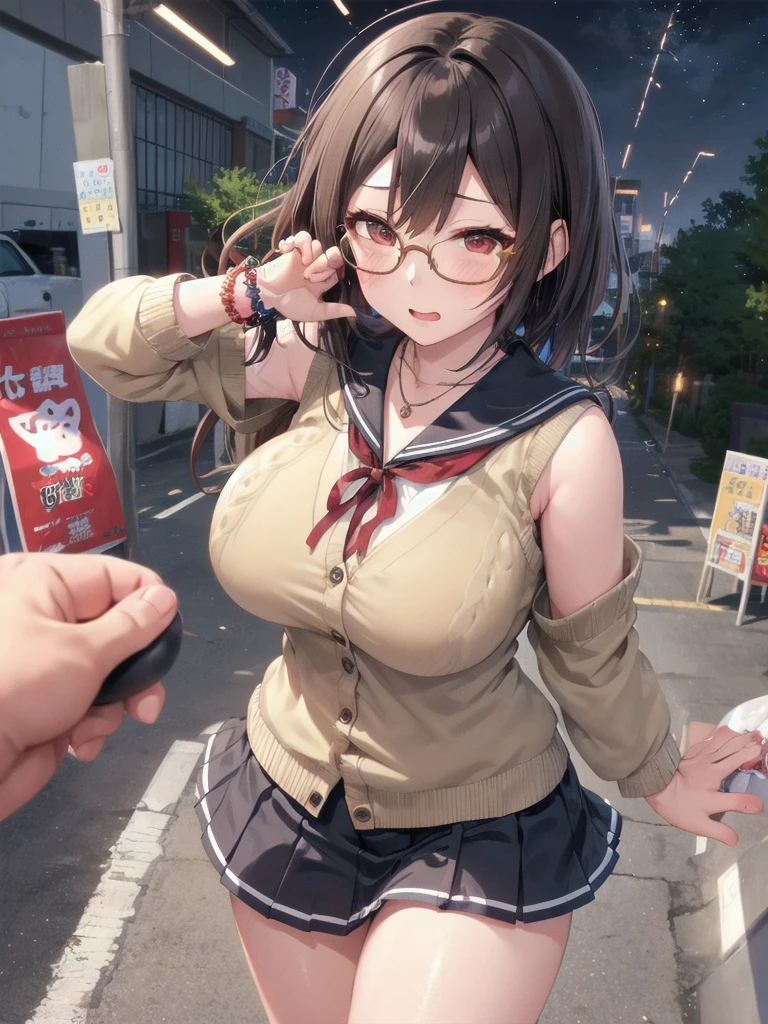     mature woman are open in millimeters ,   お寺のBig Breasts,  school uniform,  sailor suit, high school girl,    Cardigans   ,   cosplay, Big Breasts,        open your chest wide        , ,(     miniskirt length  :1.3),  (グレーの   フロントクロージャー付き Cardigans   ),  sleeveless high neck top for viewers who place their hands behind the ground , No pants,(    sweated , shiny skin:1.1), (Ruins:1.2),      outdoor     ,sunlight, Spotlight effect,Dark Skies,Strong winds,(    High image quality,      High Quality :1.1),      complicated details ,         Movie Writing    ,      1 girl,(,  Because she's embarrassed ),(     necklace     ,      Bracelets),(Remoteプレイ:1.2), (Remote_vibration:1.2), (( hand:1.3))、   Dynamic pose of a ladle holding a ladle  ,Glasses