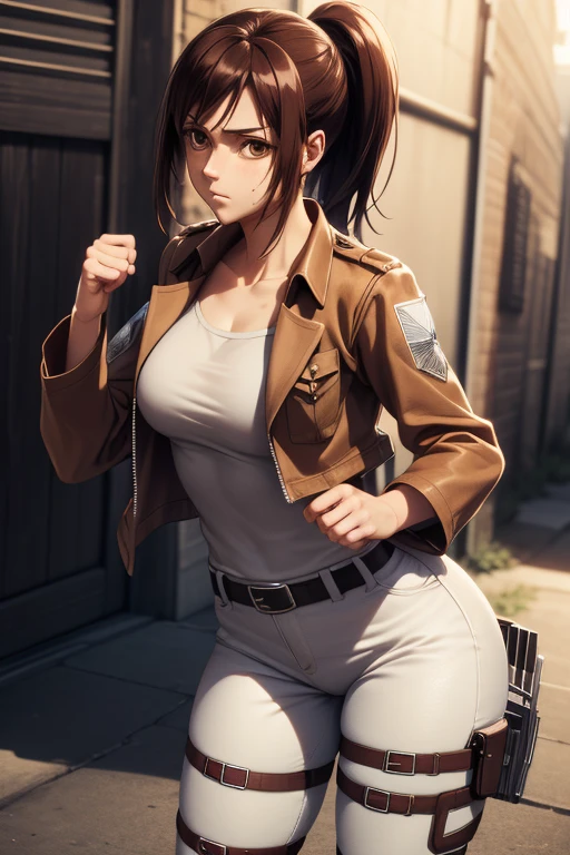 masterpiece,best quality,high resolution,8k,ultra HD,wallpaper,illustration,perfect face,cowboy shot,beautiful detailed eyes,extremely detailed face,perfect lighting,extremely detailed CG,perfect anatomy,perfect body,perfect thick,perfect hands,perfect fingers,1woman,full body,,muscle fighter body,(brown long ponytail hair),brown eyes,large breasts,Medium ass,,(brown jacket inner white Y-shirt),black hot pants,clothed,collarbone,looking at viewer,(),steam,sweat,(Attack on Titan character Sasha Braus),