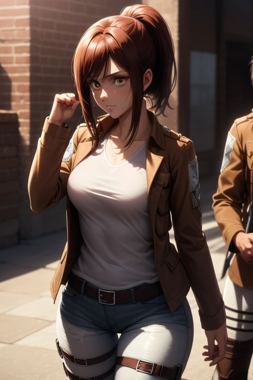 masterpiece,best quality,high resolution,8k,ultra HD,wallpaper,illustration,perfect face,cowboy shot,beautiful detailed eyes,extremely detailed face,perfect lighting,extremely detailed CG,perfect anatomy,perfect body,perfect thick,perfect hands,perfect fingers,1woman,full body,,muscle fighter body,(brown long ponytail hair),brown eyes,large breasts,Medium ass,,(brown jacket inner white Y-shirt),black hot pants,clothed,collarbone,looking at viewer,(),steam,sweat,(Attack on Titan character Sasha Braus),